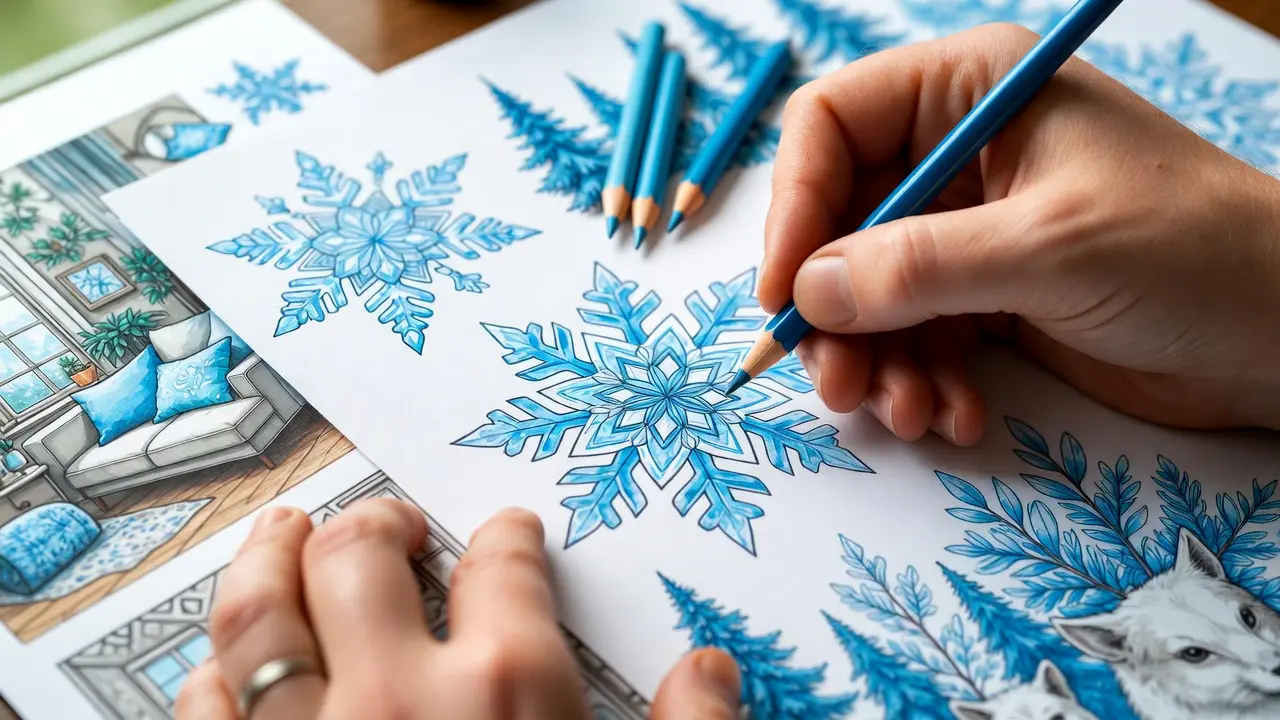Adult hands using colored pencils to blend ice-blue tones on detailed printable winter coloring pages for adults