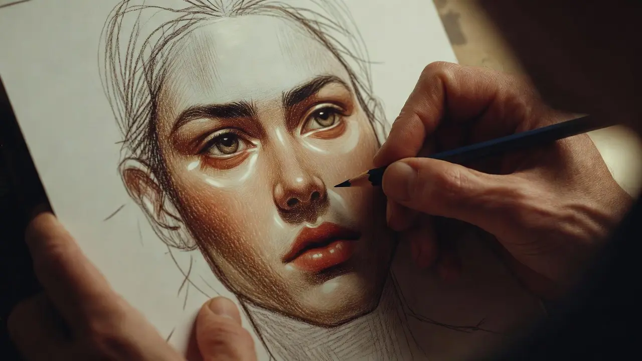 Advanced artist demonstrating advanced coloring techniques with hyper-realistic shading on a portrait