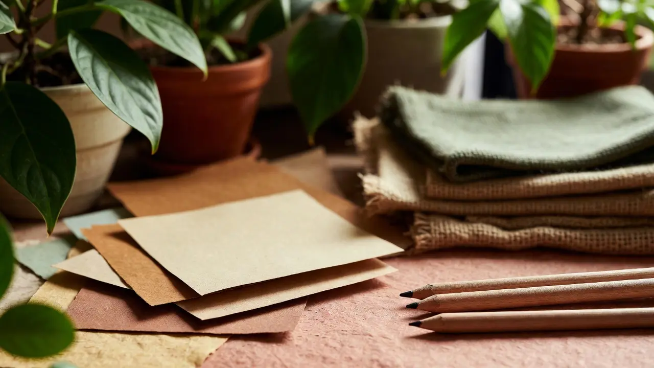 An eco-friendly coloring setup featuring recycled paper, sustainable wooden pencils, natural fiber textiles, and potted plants, demonstrating environmentally conscious creativity