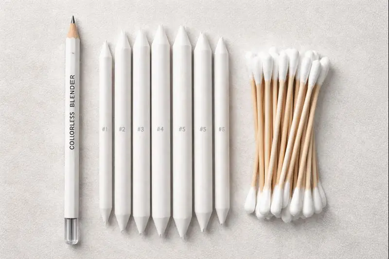 Array of blending tools for coloring showing colorless blender pencil, paper stumps, and cotton swabs