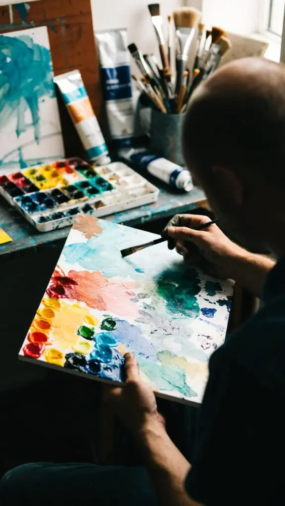 Artist blending colors on a palette