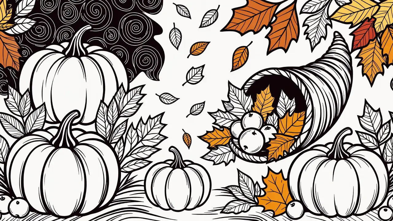 Autumn seasonal coloring page featuring falling leaves and pumpkin harvest art