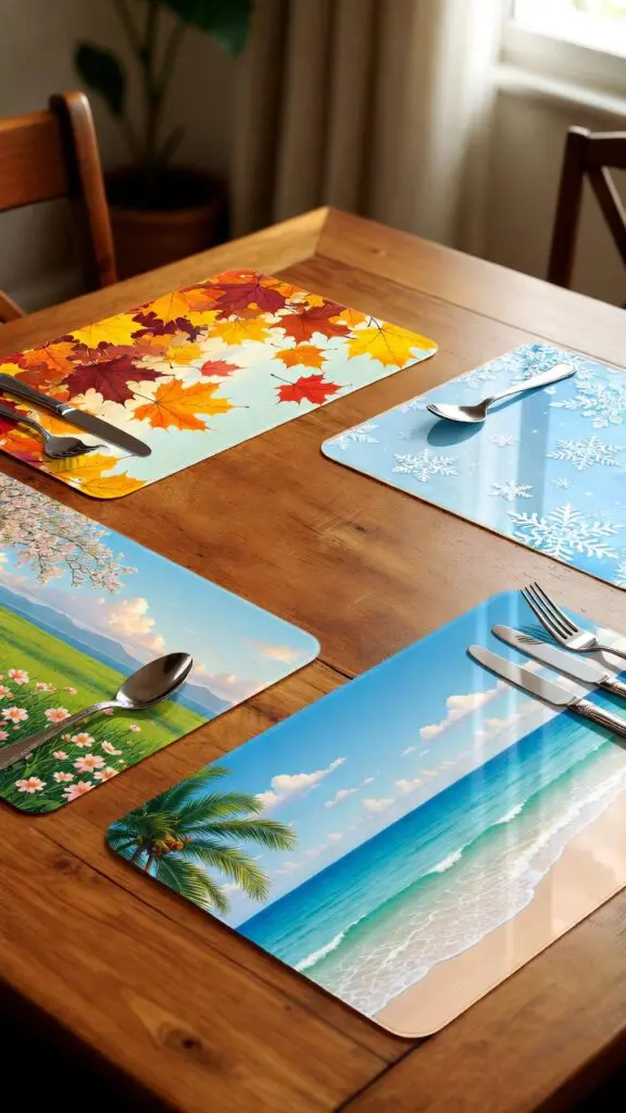Beautiful table setting with four different seasonal laminated placemats - fall leaves, winter snowflakes, spring flowers, and summer beach themes - arranged on wooden dining table with plates and cutlery, magazine-quality styling
