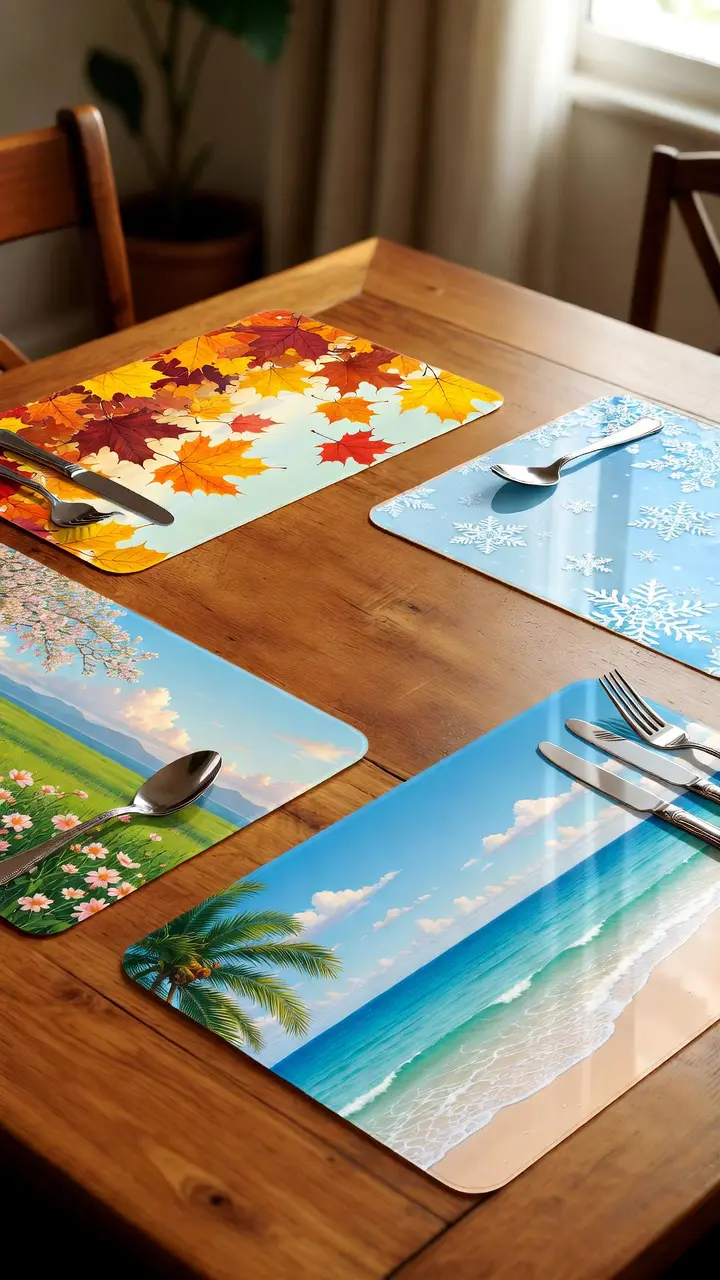 Beautiful table setting with four different seasonal laminated placemats - fall leaves, winter snowflakes, spring flowers, and summer beach themes - arranged on wooden dining table with plates and cutlery, magazine-quality styling