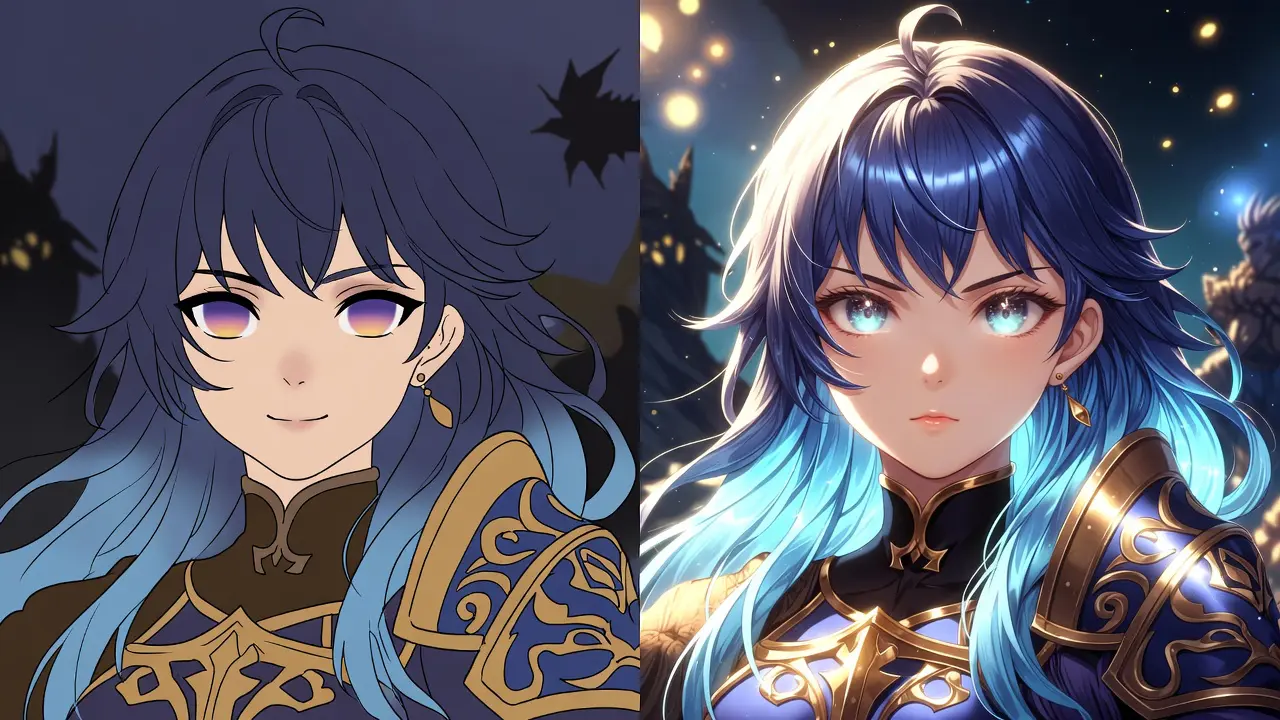 Before and after examples showing how to improve coloring skills with advanced techniques on fantasy art