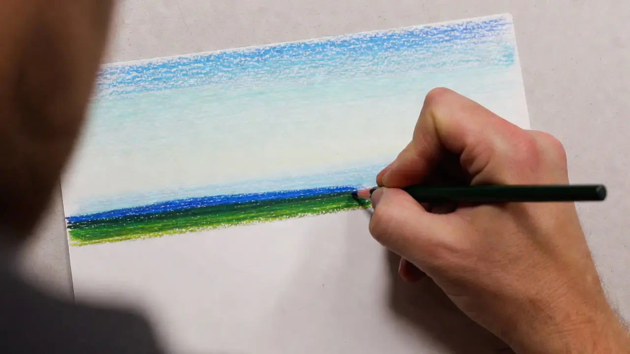 Beginner practicing layering in coloring techniques for beginners on a simple landscape with light to dark gradients