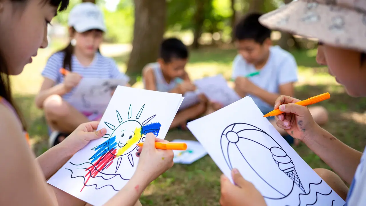 Children enjoying summer coloring pages for kids outdoors with crayons and markers. Summer coloring pages for kids