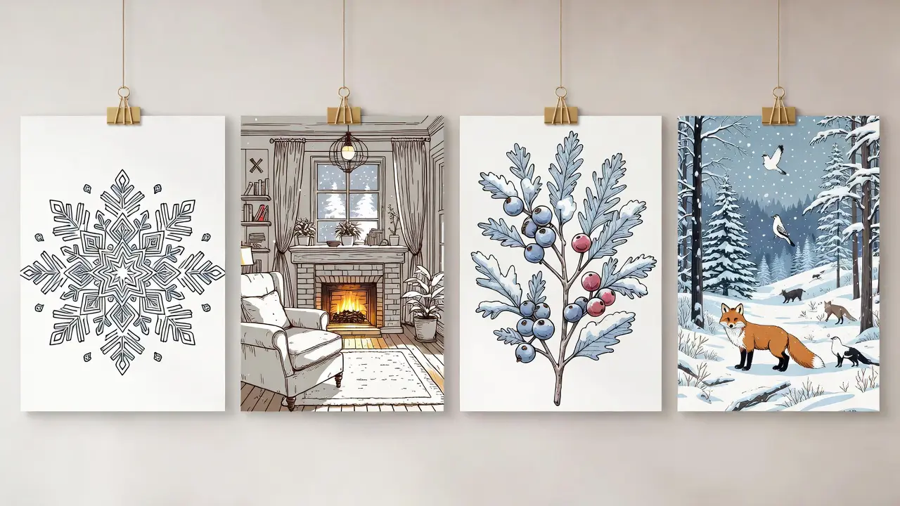 Collection of printable winter coloring pages themes including snowflake mandala, cozy interior scene, frosted botanical, and winter wildlife designs