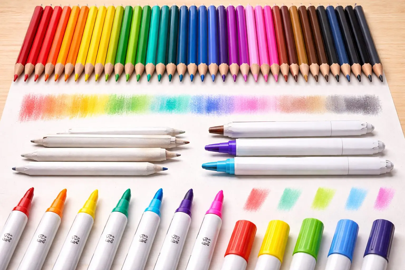 Colored pencils, blending stumps, and markers neatly arranged for blending. colored pencils markers gel pens and printable coloring page on desk