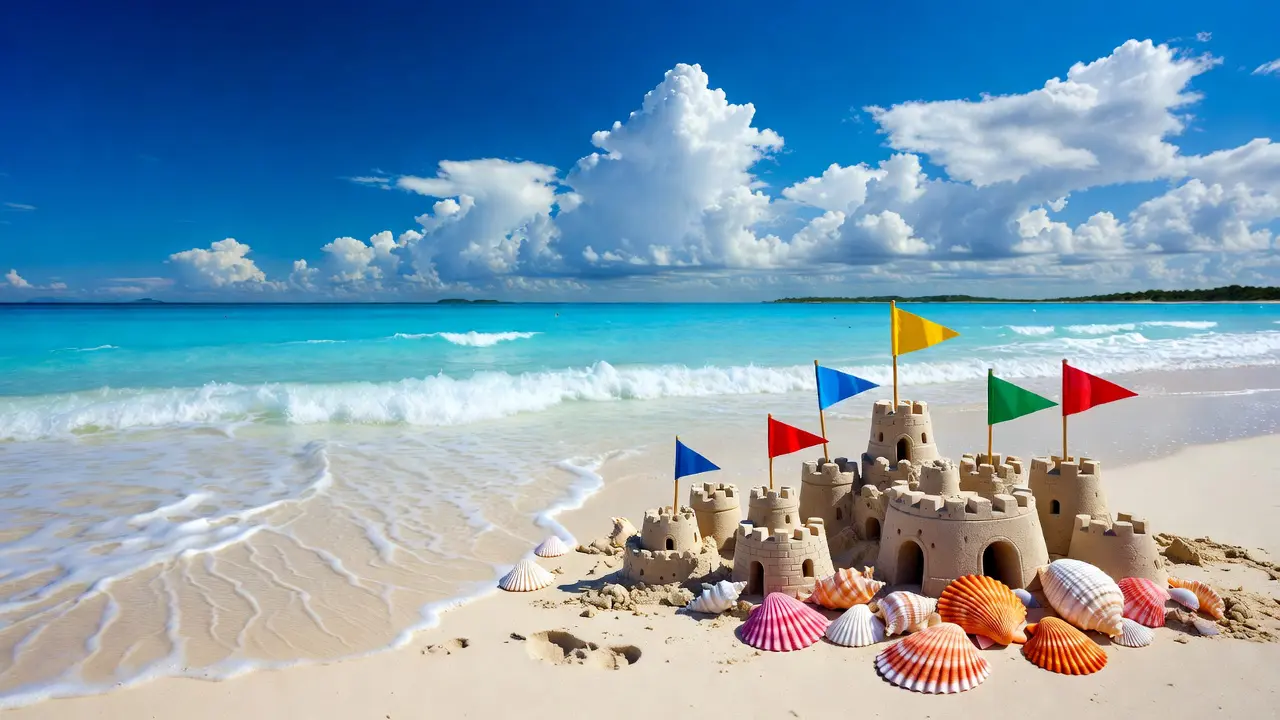 Colorful beach scene with ocean waves, sandcastles, and seashells - summer coloring activities for kids. Kids summer coloring ideas