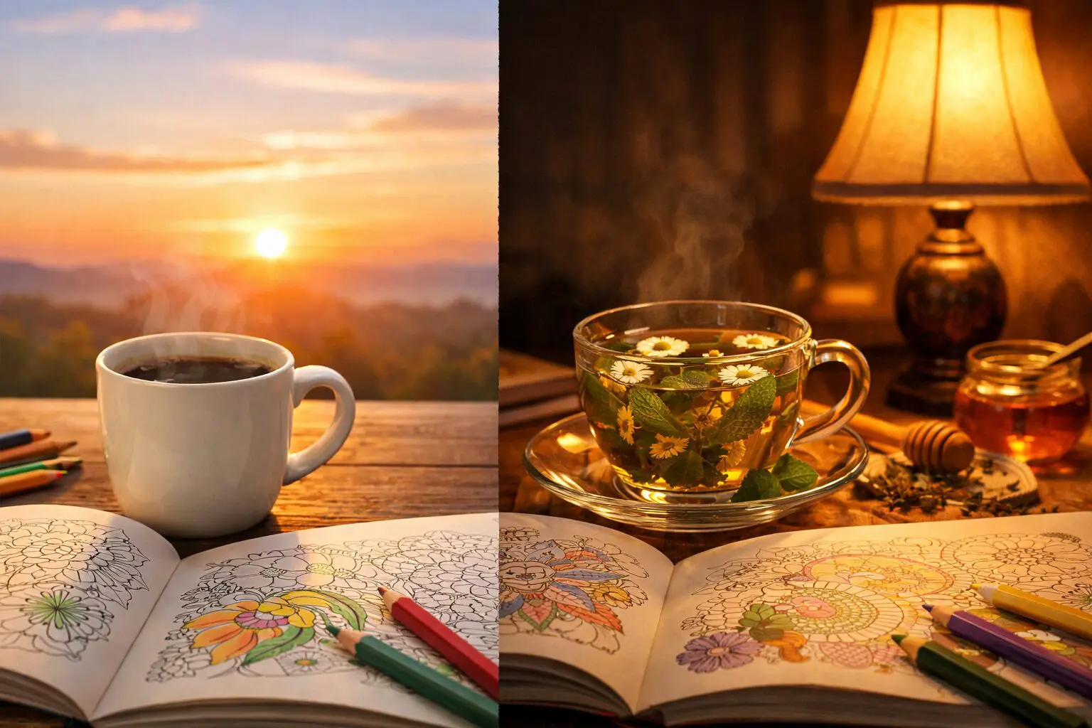 Split image showing morning coloring with coffee and sunrise, and evening coloring with herbal tea and soft lamplight