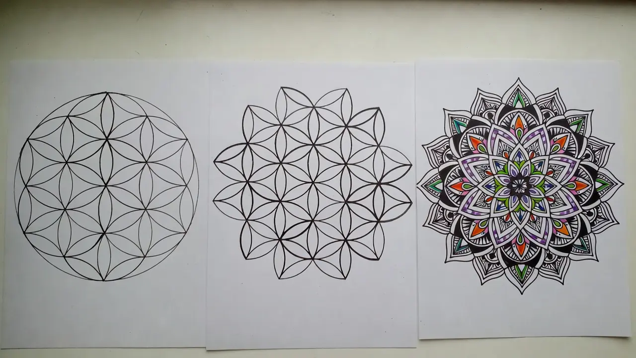 Comparison of mandalas by difficulty level, showing simple, intermediate, and intricate designs for coloring.