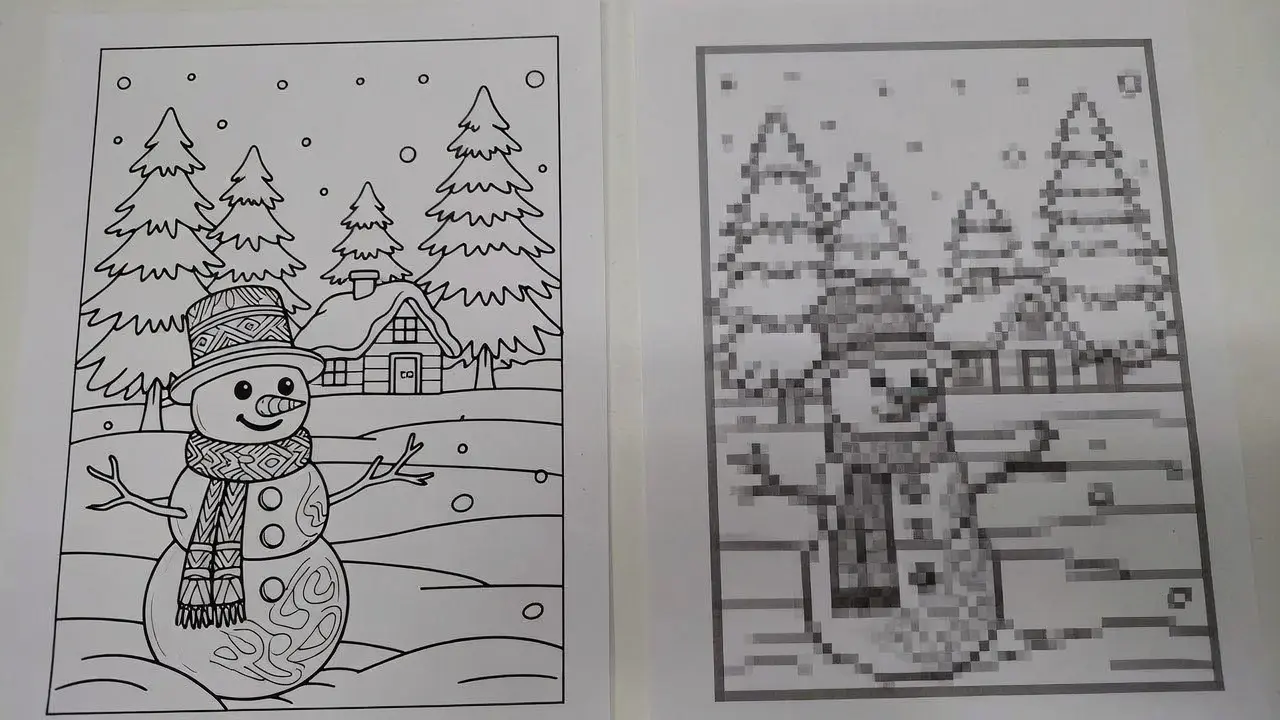 Comparison showing high-quality printable winter coloring page with crisp line art versus a blurry low-resolution version