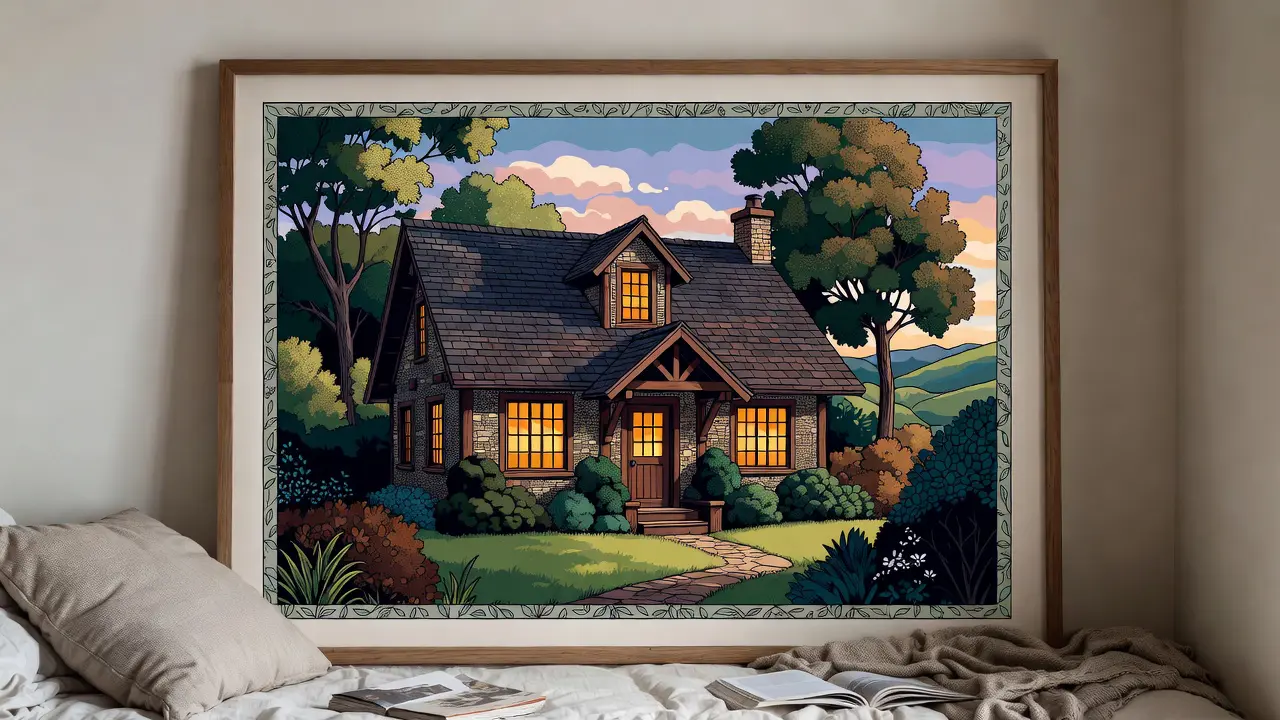 Completed cozy cottage coloring page for adults displayed as framed wall art in a relaxing reading nook