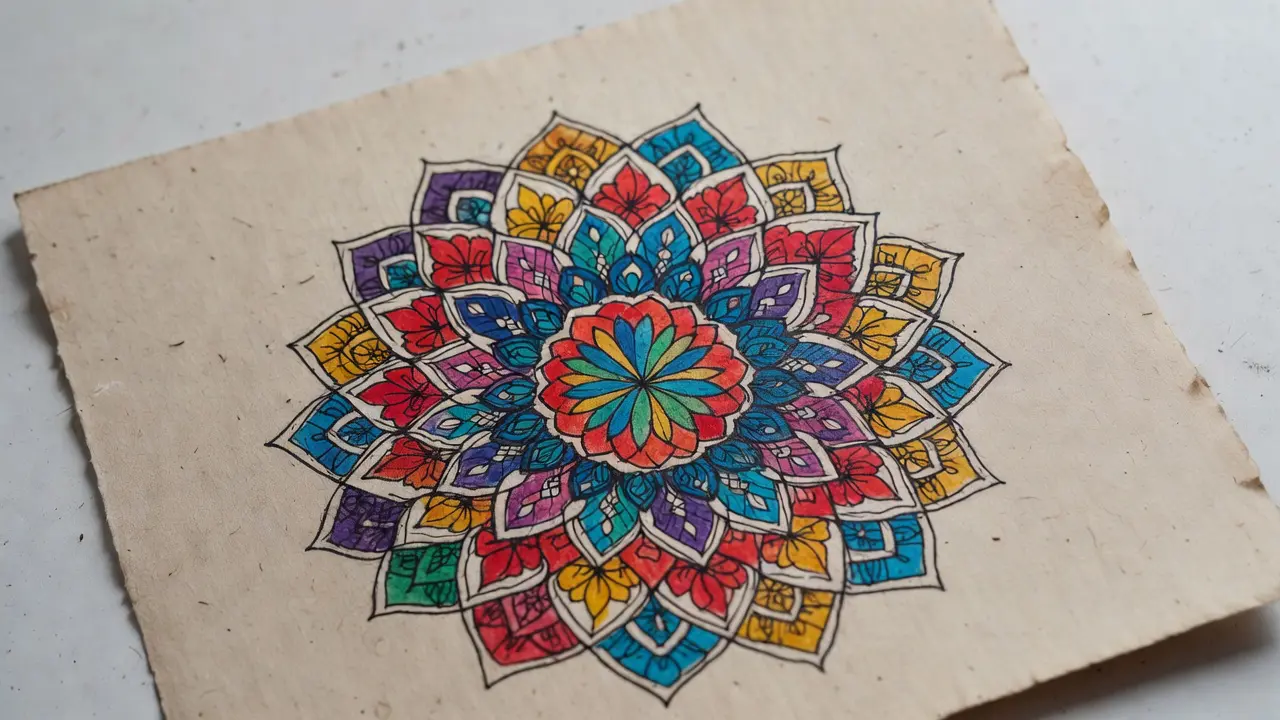 Completed mandala coloring example showcasing intricate patterns