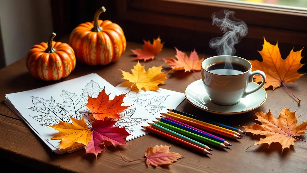 Cozy autumn leaves coloring setup with colored pencils, coffee mug, and finished coloring pages on wooden table with pumpkins
