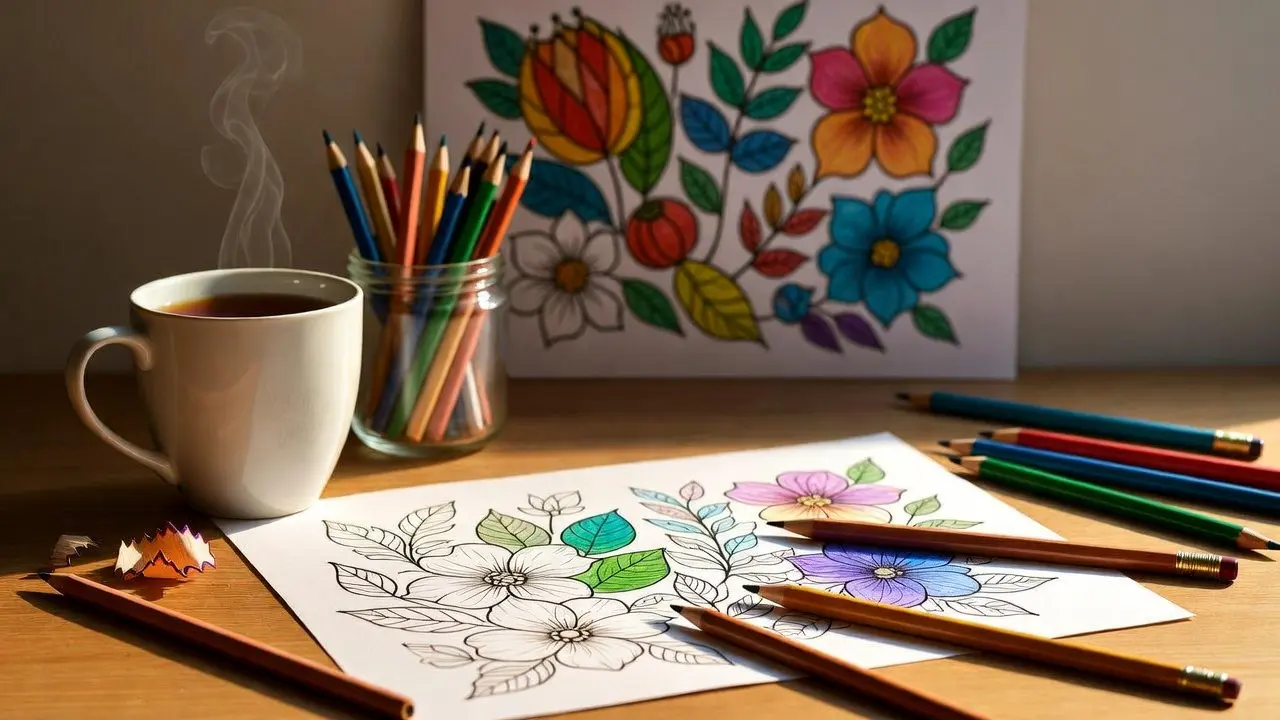 Relaxing coloring workspace for practicing adult coloring techniques and tips and mindful stress relief