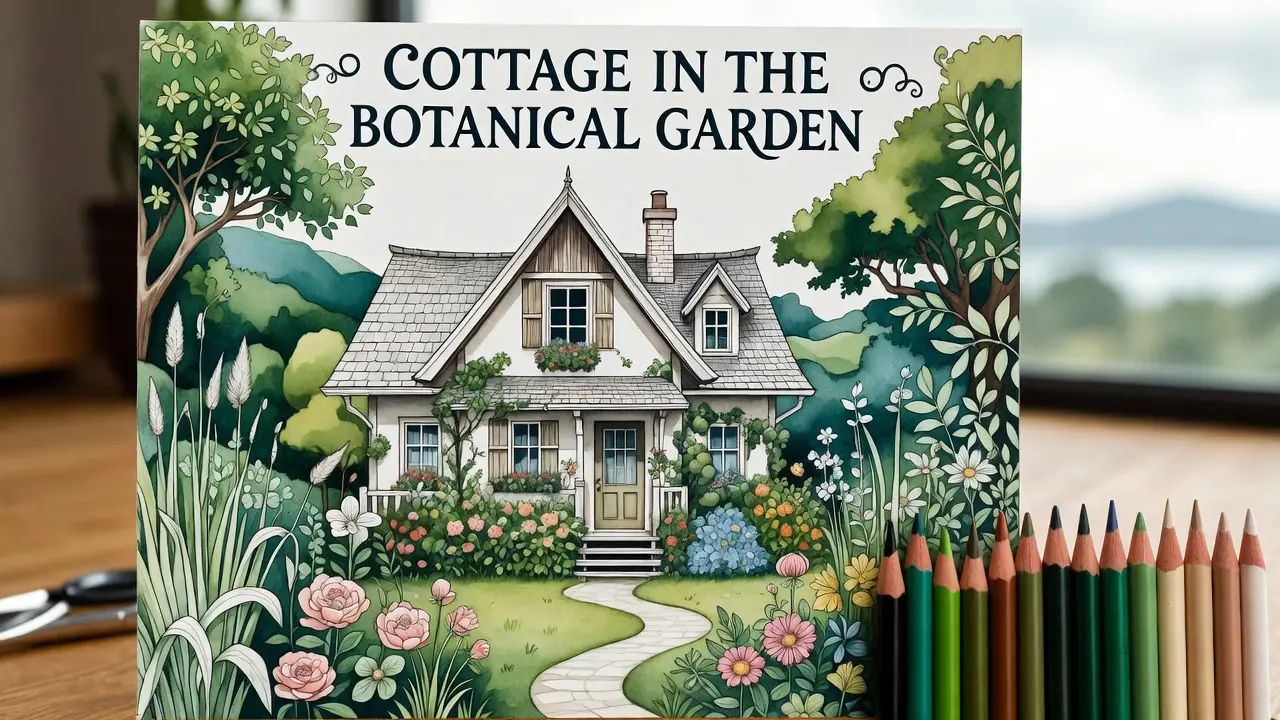 Cozy cottage coloring pages for adults with detailed botanical garden and colored pencil supplies. fantasy cottage printable coloring