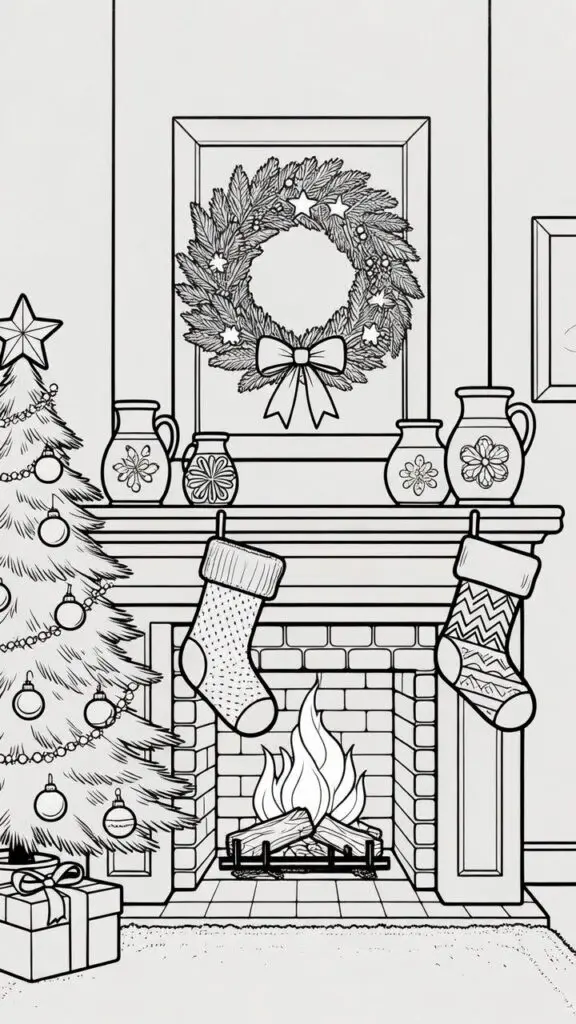 Cozy fireplace Christmas coloring sheet – standard collection