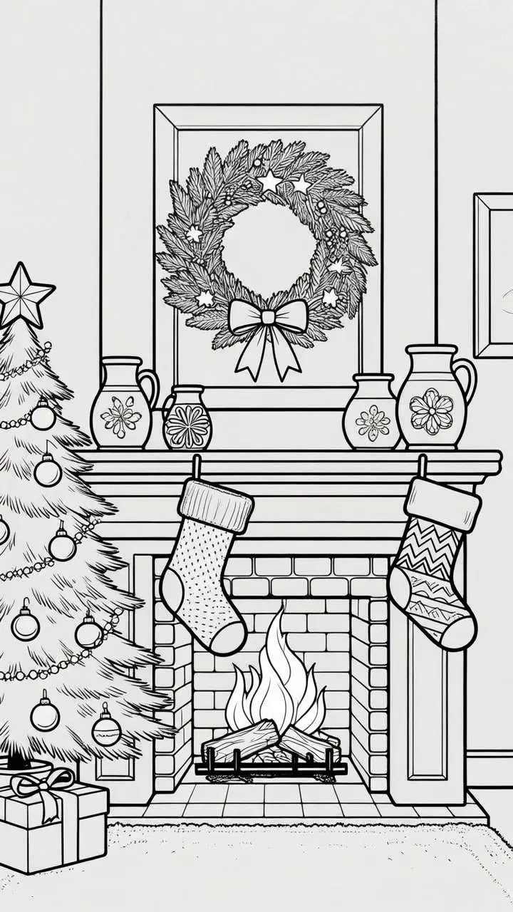 Cozy fireplace Christmas coloring sheet – standard collection