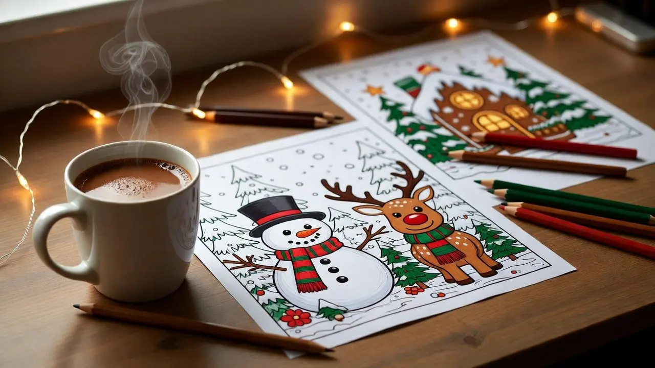Cozy flat-lay of printed winter coloring pages beside warm cocoa mug, colored pencils, and fairy lights on a wooden tableAlt text: Printable winter coloring pages spread on a cozy desk with colored pencils and hot cocoa