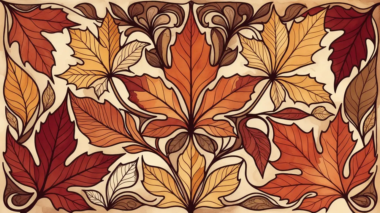 Creative fusion autumn coloring page showing fall leaves transformed into intricate mandala patterns with Art Nouveau influences - autumn art prompts for adults with artistic style. Fall coloring pages for relaxation