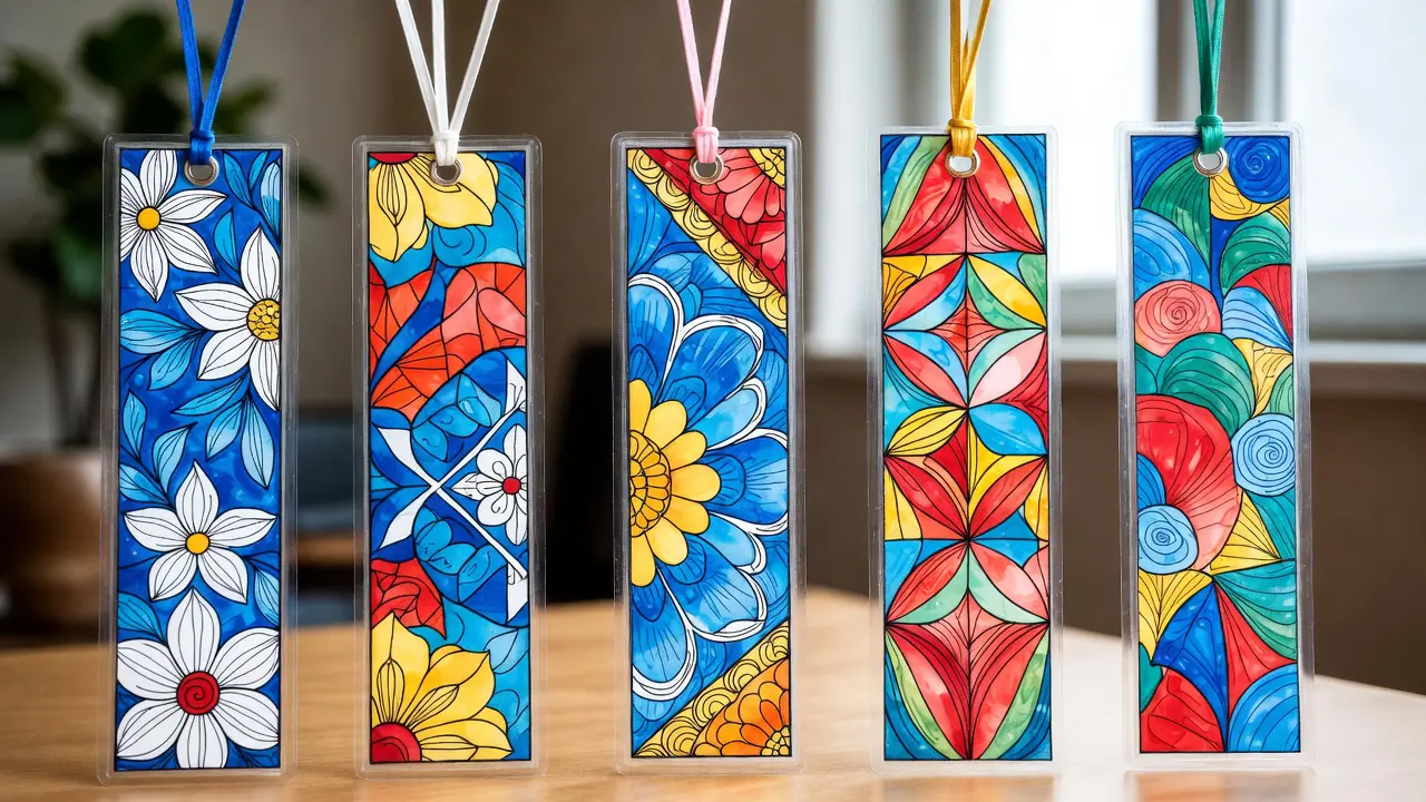DIY laminated bookmarks cut from finished coloring pages with ribbon tied through top hole