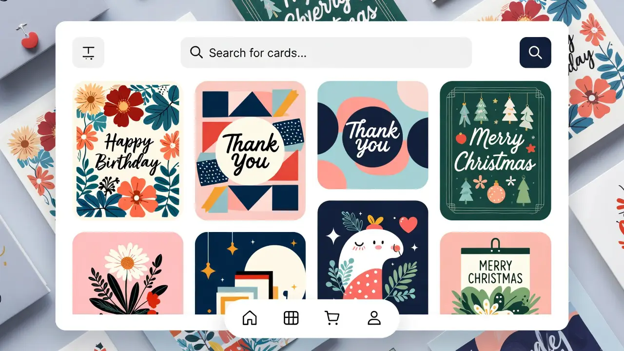 Digital printable greeting cards and wall art displayed on a modern, creative marketplace interface. printable digital art