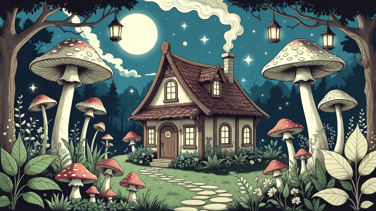 Fantasy cottage printable coloring page featuring a moonlit enchanted garden with toadstools and lanterns