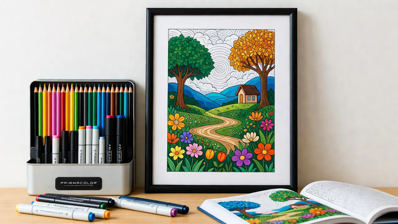 Finished coloring page displayed in frame next to organized coloring supplies representing complete creative journey with best coloring tools for adults. New Releases