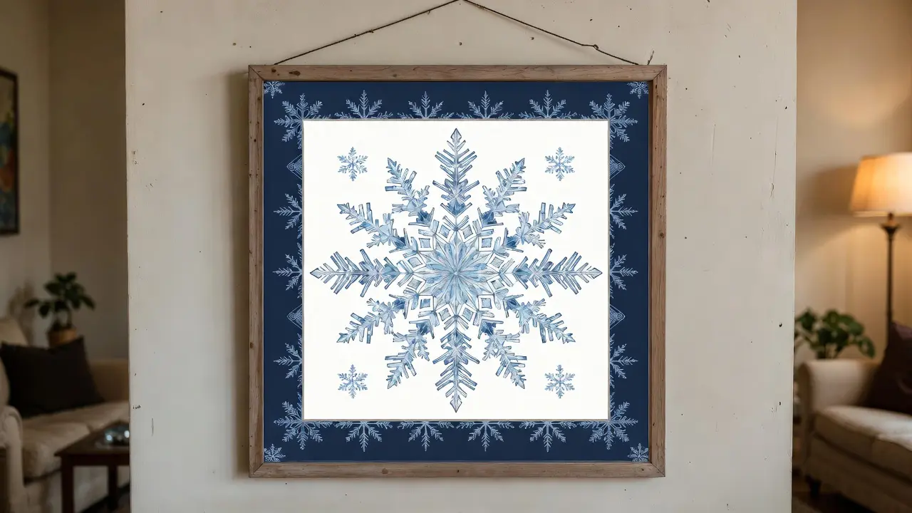Finished printable winter coloring page snowflake mandala framed and displayed as holiday wall art in a cozy home setting