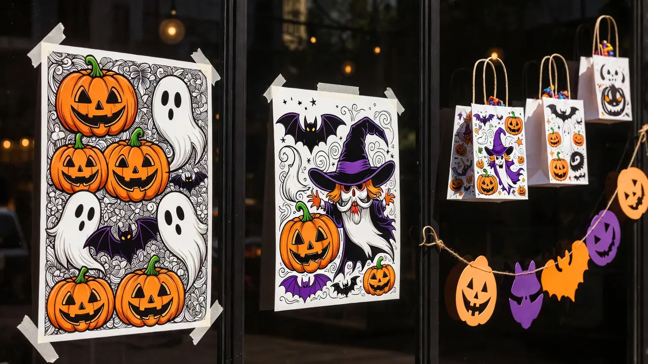 Halloween coloring pages transformed into window decorations, treat bags, and spooky party garlands