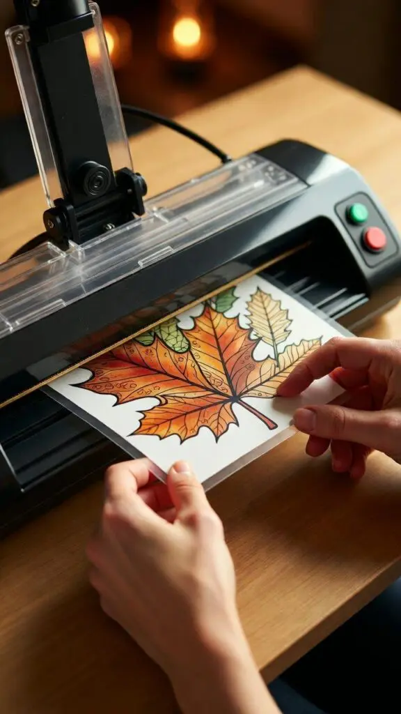 Hands using a laminating machine to seal a finished coloring page with autumn leaf design, close-up view showing the placemat entering the laminator, bright craft room setting