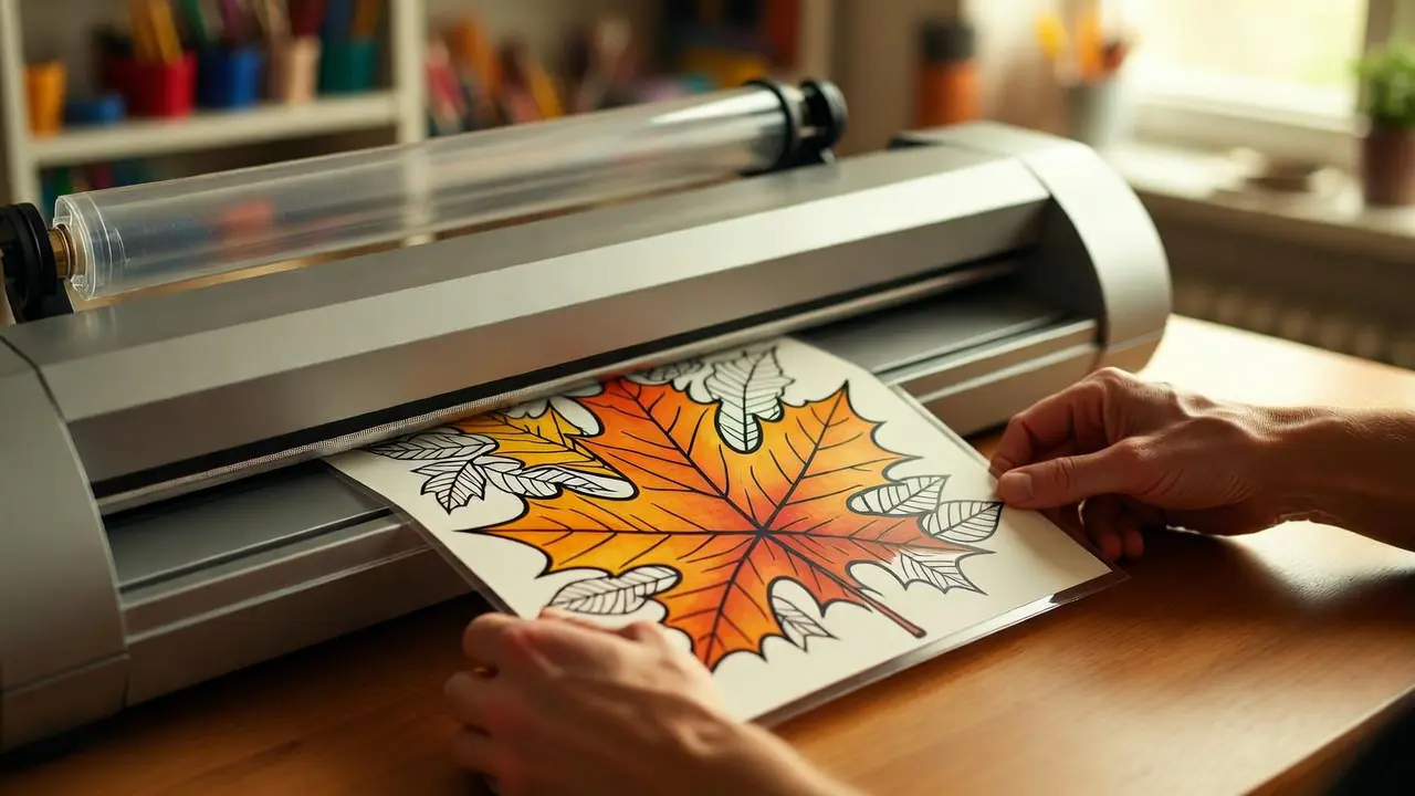 Hands using a laminating machine to seal a finished coloring page with autumn leaf design, close-up view showing the placemat entering the laminator, bright craft room setting