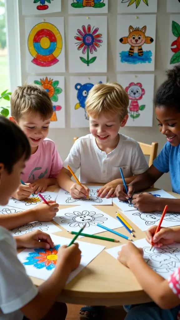 Happy children of different ages sitting around a table coloring various printable pages, showing proper pencil grip and focused concentration, with completed colorful artwork displayed on wall behind them. Children happily coloring free printable pages at home.