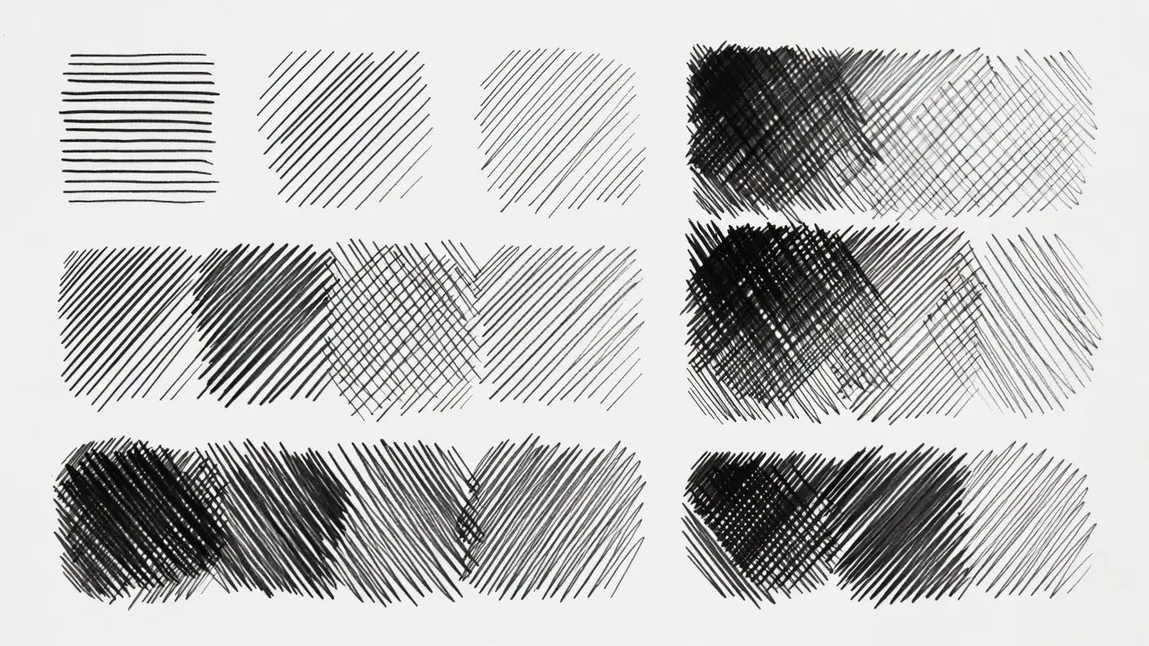 Hatching and cross-hatching technique samples showing different line densities and directions