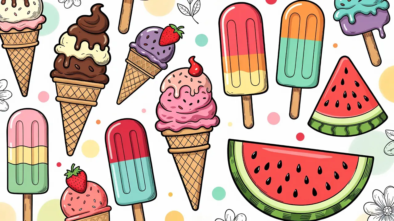 Ice cream cones, popsicles, and watermelon slices - fun summer coloring pages for kids. Printable summer coloring pages for children