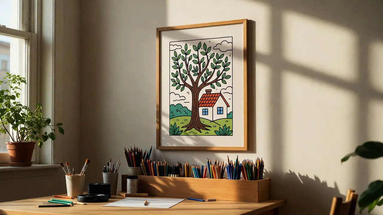 Inspirational image showing a completed coloring page displayed on a wall, with art supplies neatly arranged below, natural light streaming in, suggesting an inviting practice space. art therapy
