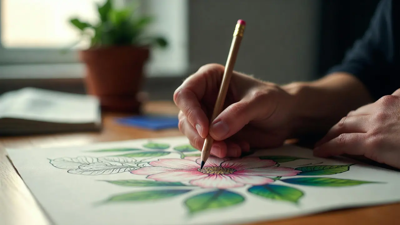 Intermediate colorist using adult coloring techniques and tips to blend textures in a botanical scene