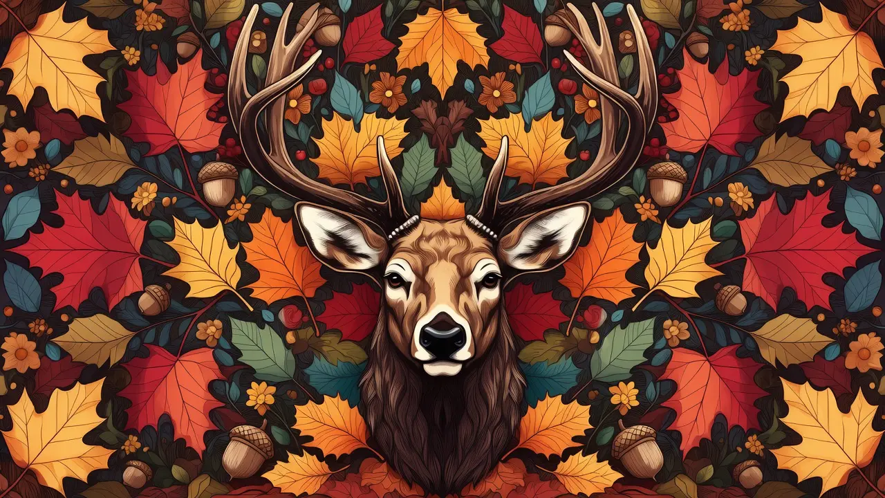 Intricate autumn wildlife coloring page featuring majestic deer surrounded by fall leaves, acorns, and seasonal flowers in detailed mandala-style design - fall coloring themes for relaxation. Cozy coloring ideas