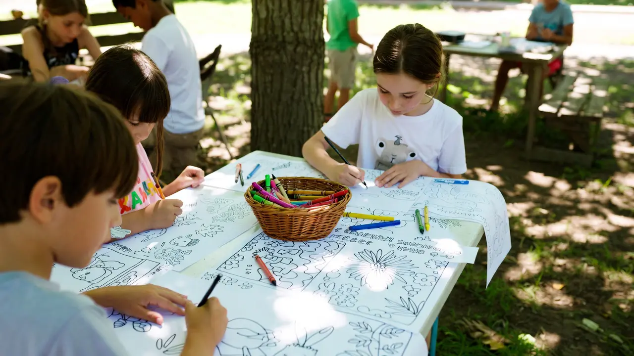 Kids coloring nature-themed pages outdoors under a shaded area during summer