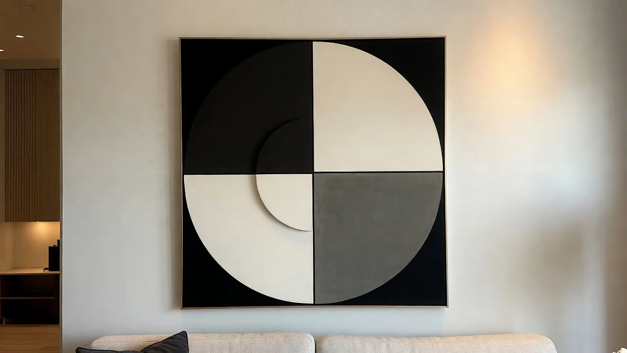 Modern printable wall art hanging on a light-colored living room wall. wall art printables