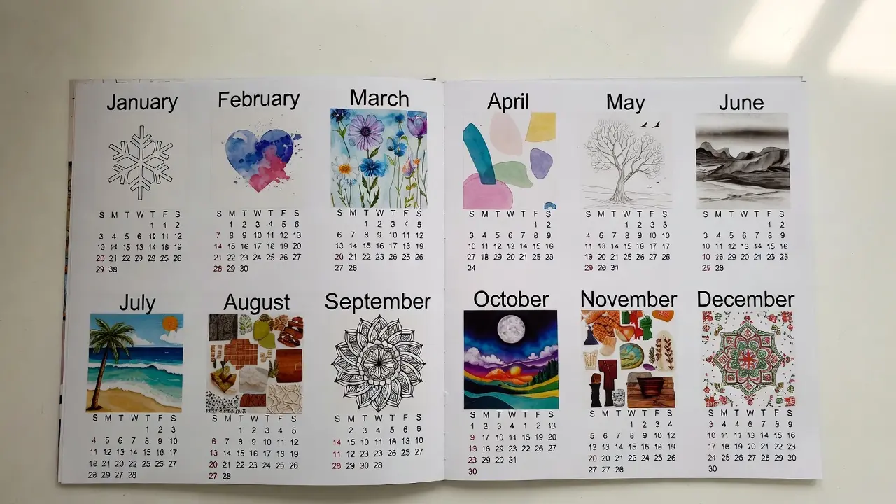 Monthly art calendar pages displaying themed projects, including watercolor flowers for March, beach scenes for July, and festive mandalas for December
