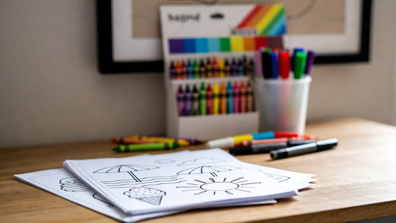 Organized kids' art station with summer coloring pages, crayons, and markers for fun summer activities for kids at home. Fun summer activities for kids at home