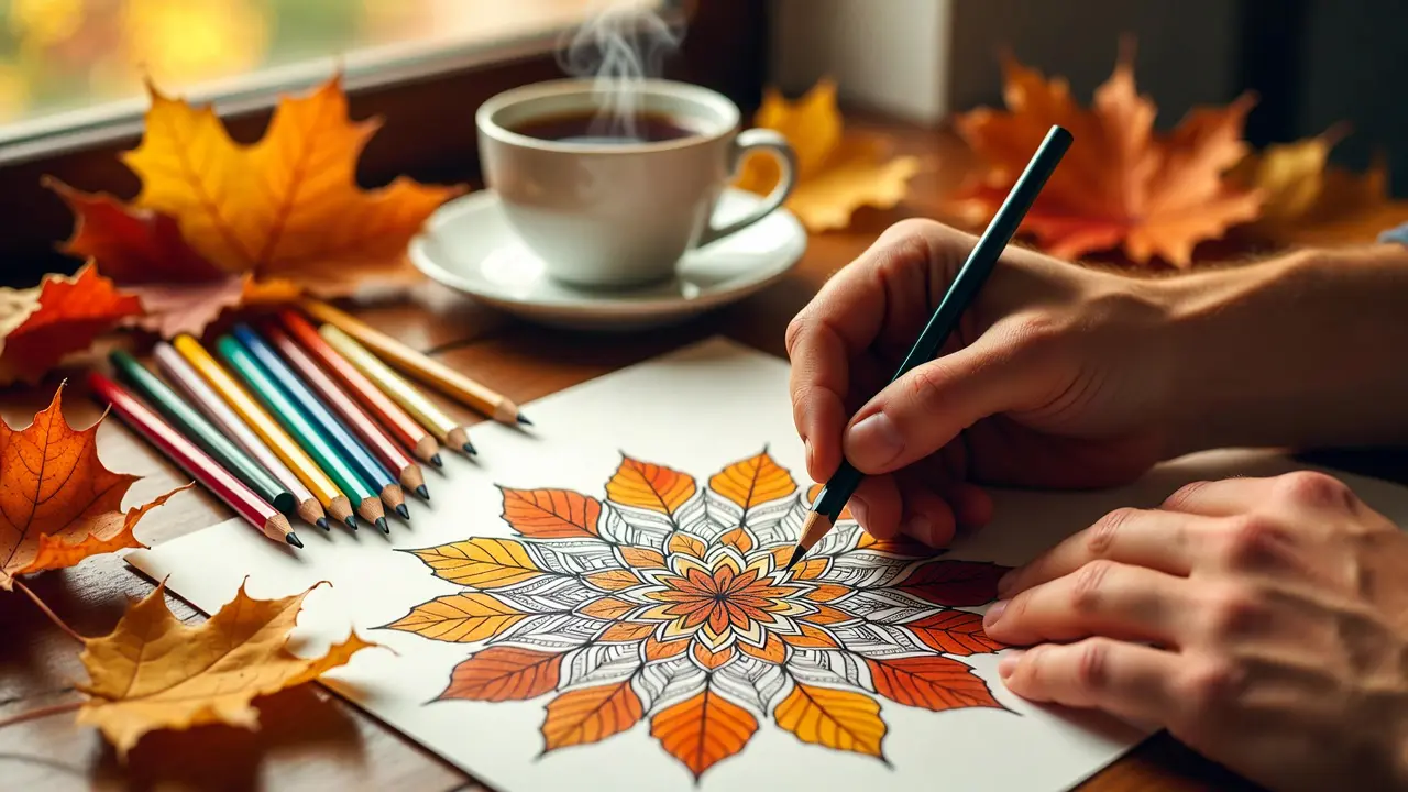 Peaceful mindful coloring scene showing hands coloring an autumn mandala with colored pencils, surrounded by fall leaves and a cup of tea - cozy coloring ideas for fall relaxation. Autumn art prompts for adults