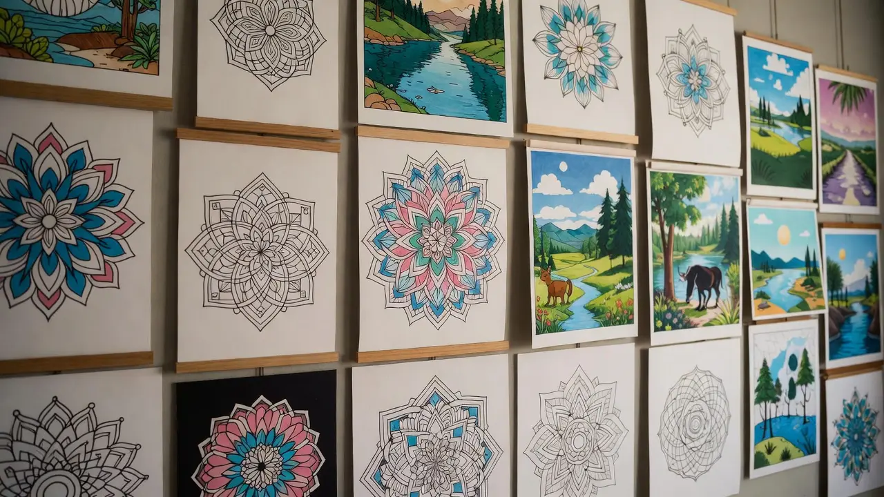 Peaceful scene of completed coloring pages displayed on a wall, creating a personal gallery of calm. Stress relief coloring