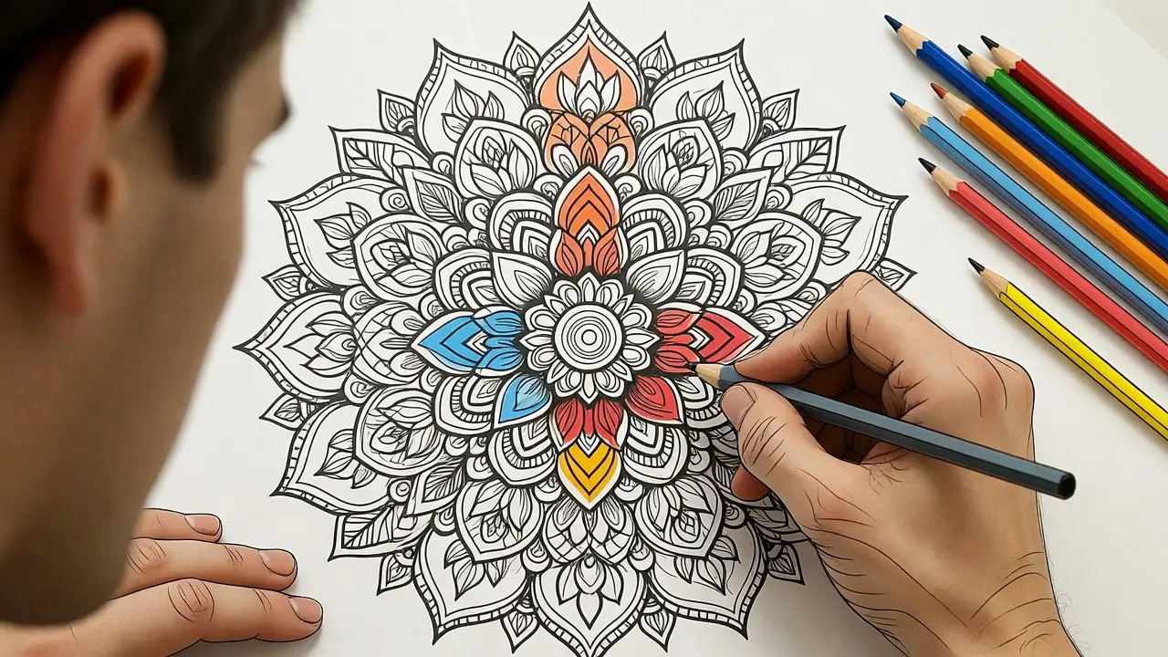 printable stress relief coloring pages for adults - Adult coloring mandala pattern with colored pencils nearby