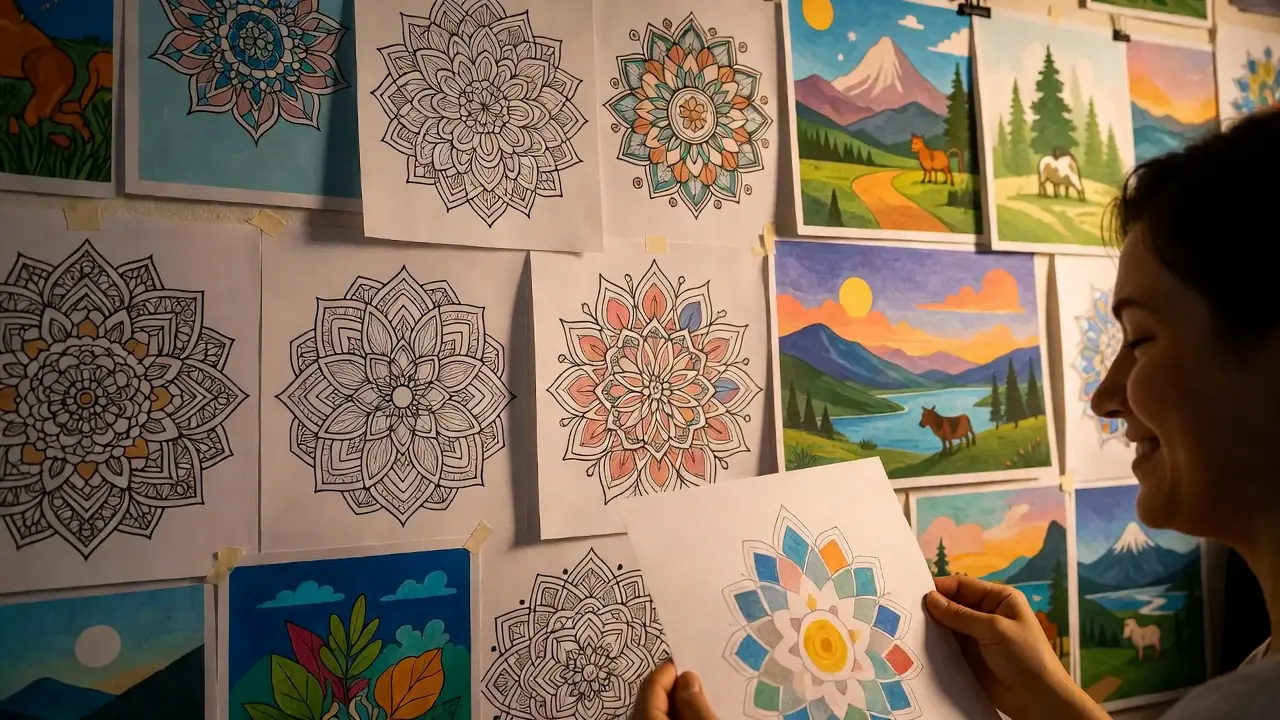 Person smiling while looking at their completed coloring page, showing satisfaction and peace. Benefits of coloring for adults