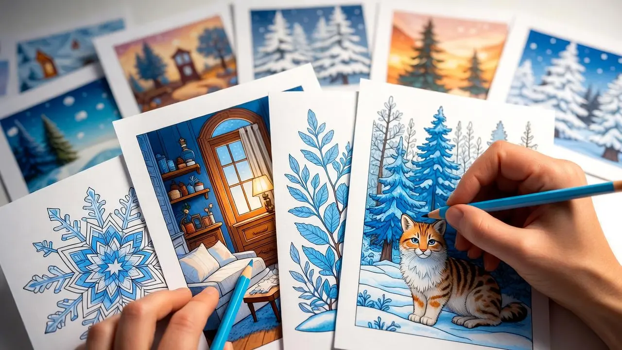 Seasonal coloring page collection organized by month, featuring printable winter coloring pages in the foreground