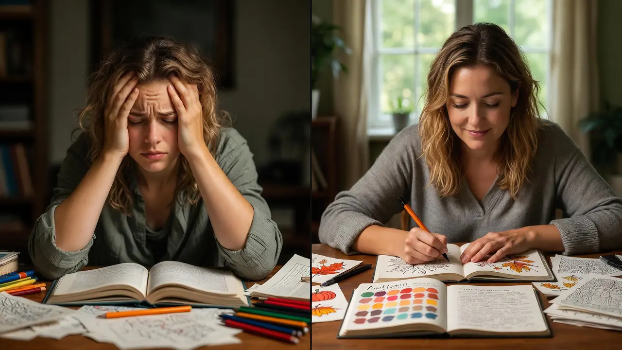 Serene before-and-after comparison showing stressed person transitioning to calm focused state while coloring autumn designs - therapeutic benefits of fall coloring pages for relaxation